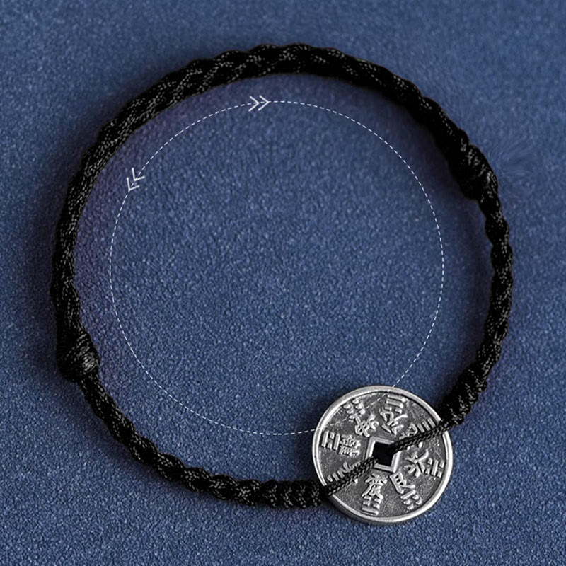Buddha Stones 925 Sterling Silver Coin Protection Bracciale intrecciato Cavigliera