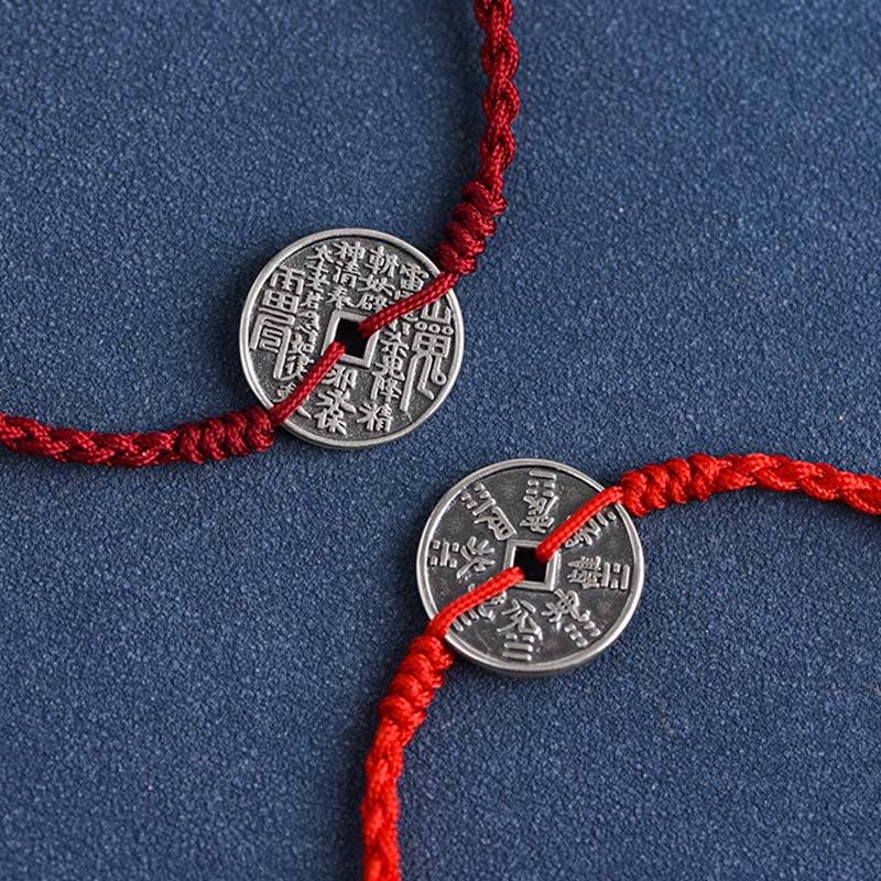 Buddha Stones 925 Sterling Silver Coin Protection Bracciale intrecciato Cavigliera