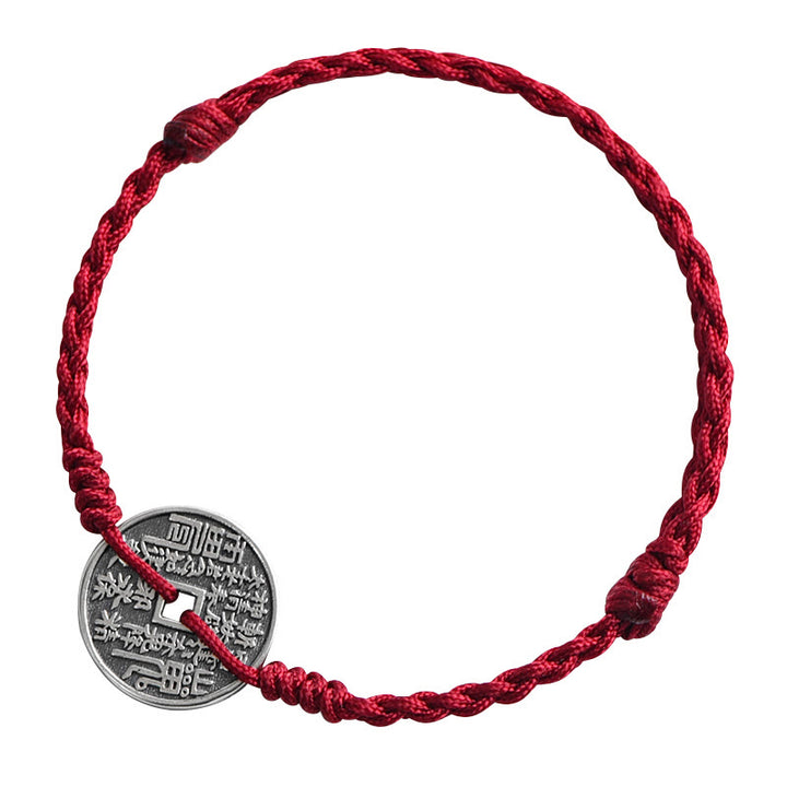 Buddha Stones 925 Sterling Silver Coin Protection Bracciale intrecciato Cavigliera