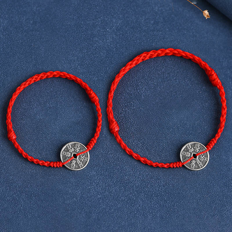 Buddha Stones 925 Sterling Silver Coin Protection Bracciale intrecciato Cavigliera