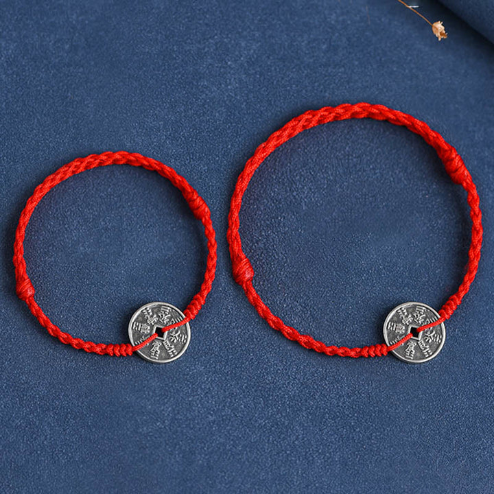 Buddha Stones 925 Sterling Silver Coin Protection Bracciale intrecciato Cavigliera