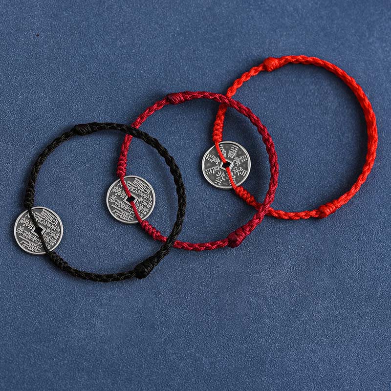 Buddha Stones 925 Sterling Silver Coin Protection Bracciale intrecciato Cavigliera
