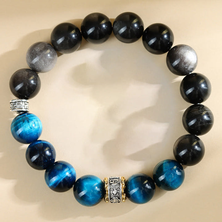 Bracciale Buddha Stones Occhio di Tigre Blu Argento Ossidiana Forza