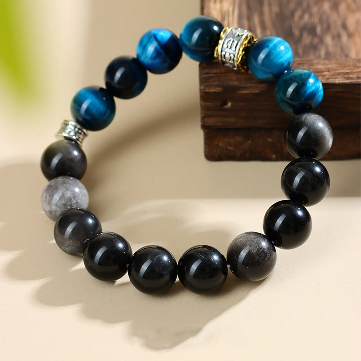 Bracciale Buddha Stones Occhio di Tigre Blu Argento Ossidiana Forza