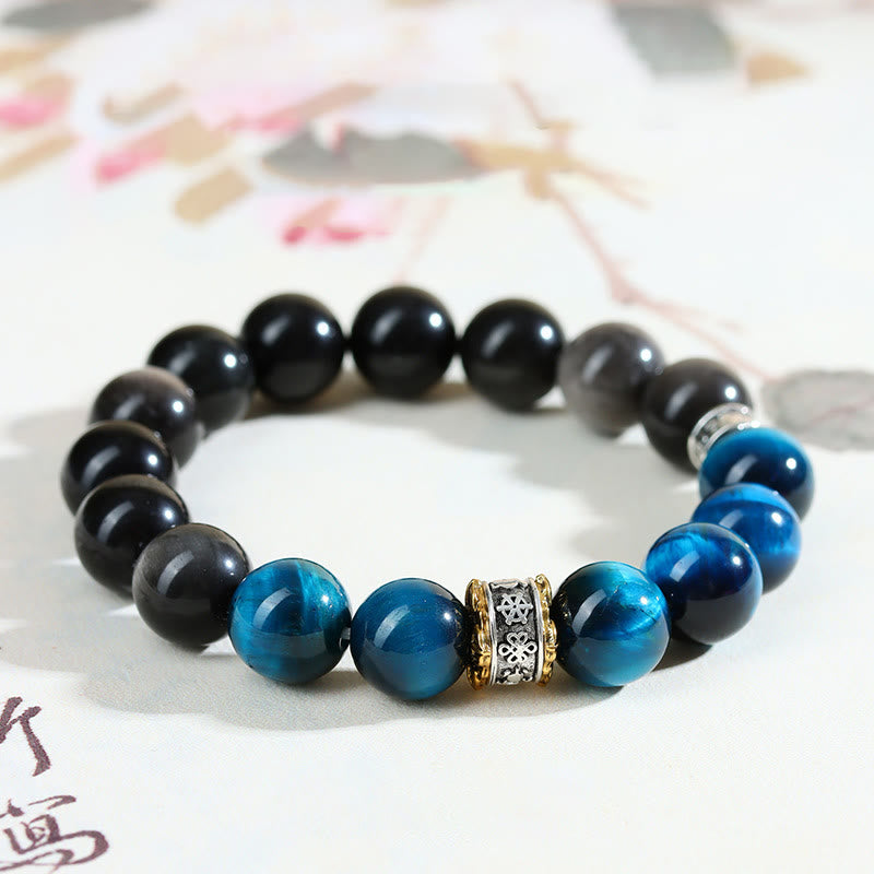 Bracciale Buddha Stones Occhio di Tigre Blu Argento Ossidiana Forza