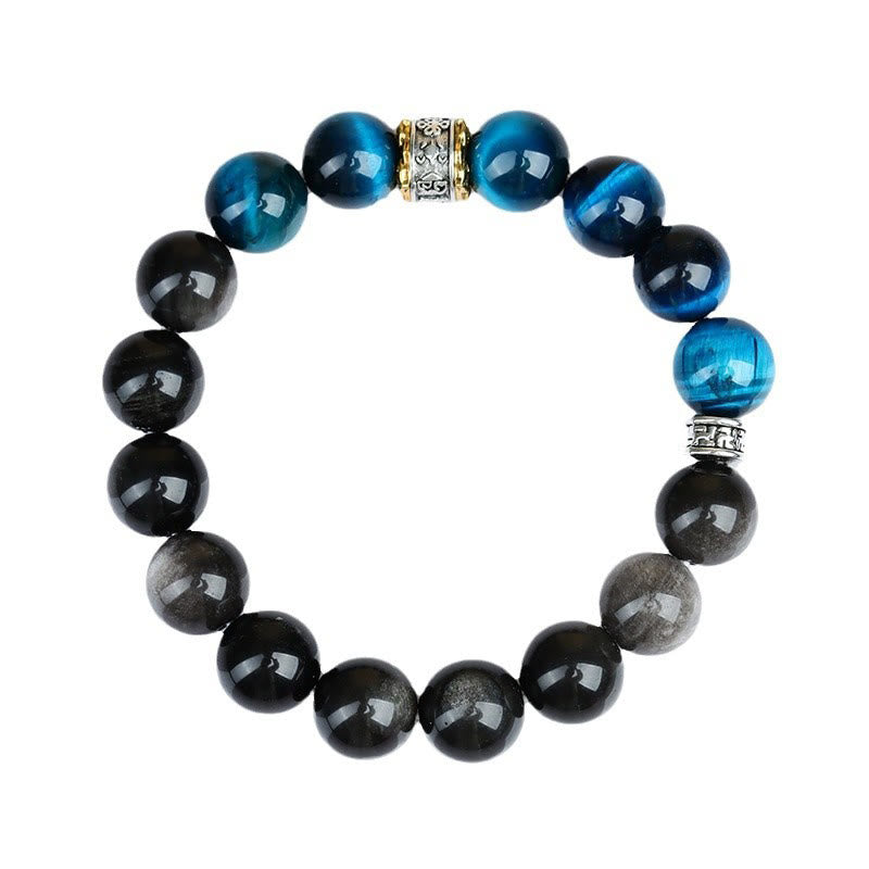 Bracciale Buddha Stones Occhio di Tigre Blu Argento Ossidiana Forza