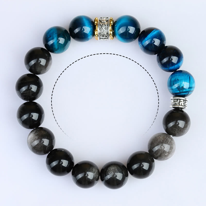 Bracciale Buddha Stones Occhio di Tigre Blu Argento Ossidiana Forza