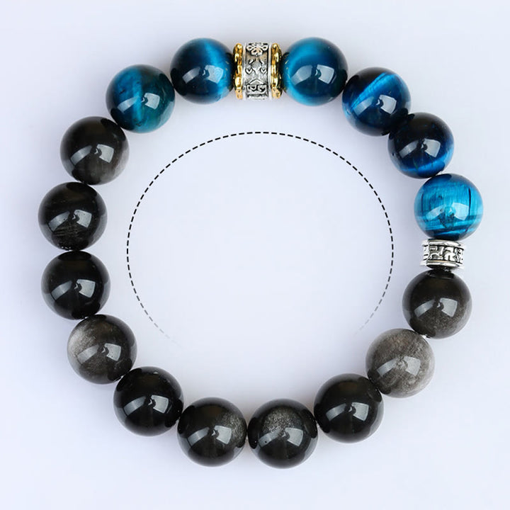 Bracciale Buddha Stones Occhio di Tigre Blu Argento Ossidiana Forza