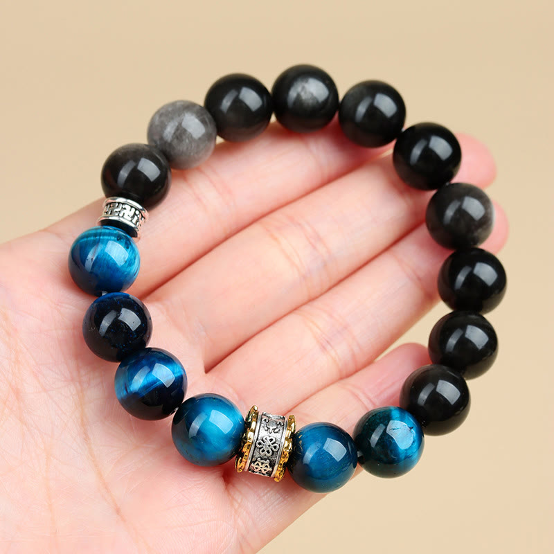 Bracciale Buddha Stones Occhio di Tigre Blu Argento Ossidiana Forza