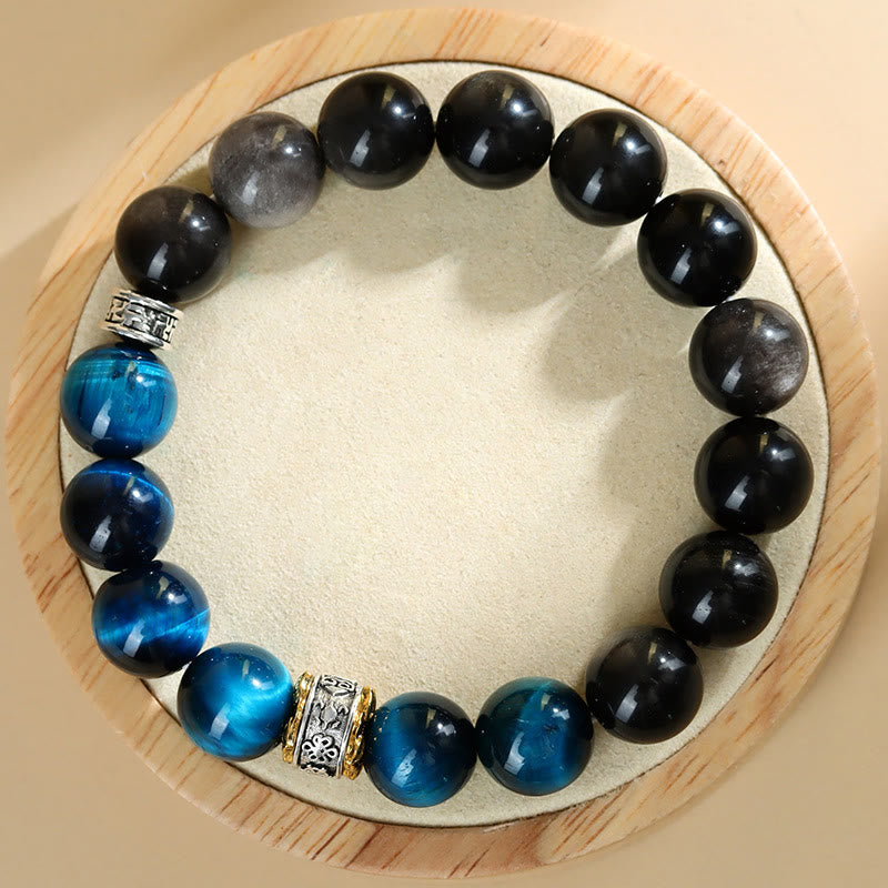 Bracciale Buddha Stones Occhio di Tigre Blu Argento Ossidiana Forza