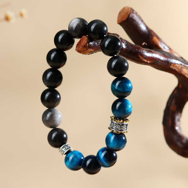 Bracciale Buddha Stones Occhio di Tigre Blu Argento Ossidiana Forza