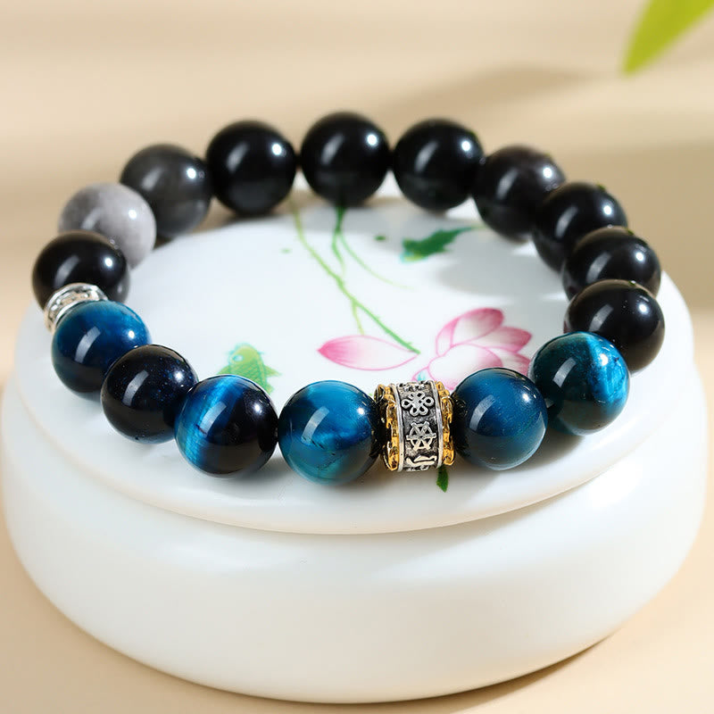 Bracciale Buddha Stones Occhio di Tigre Blu Argento Ossidiana Forza