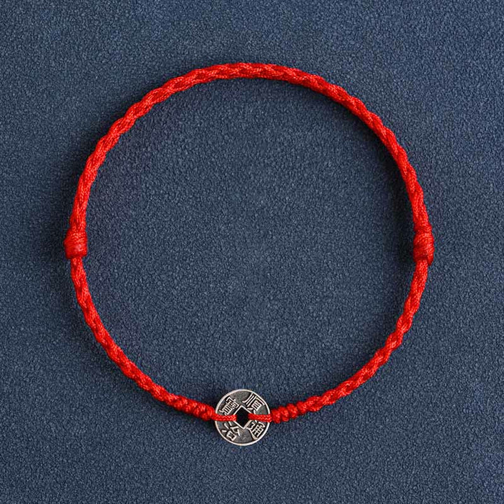 Buddha Stones Argento Sterling 925 Cinque monete dell'Imperatore Corda Rossa Protezione Fortuna Braccialetto Intrecciato Cavigliera