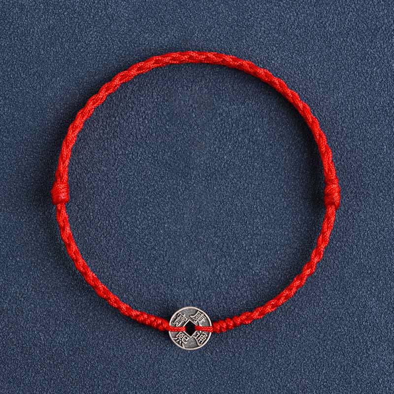 Buddha Stones Argento Sterling 925 Cinque monete dell'Imperatore Corda Rossa Protezione Fortuna Braccialetto Intrecciato Cavigliera