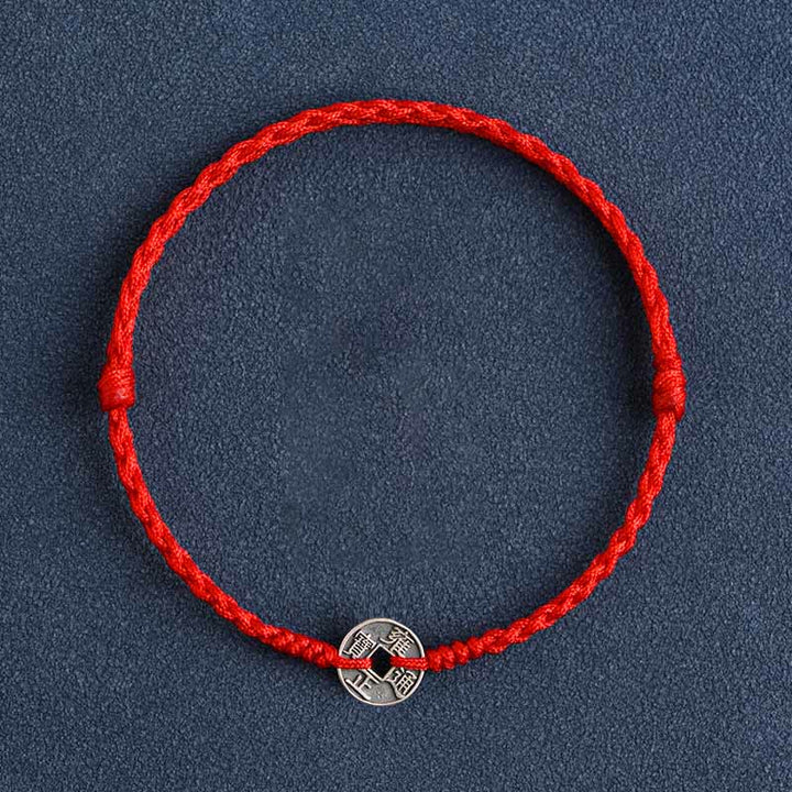 Buddha Stones Argento Sterling 925 Cinque monete dell'Imperatore Corda Rossa Protezione Fortuna Braccialetto Intrecciato Cavigliera