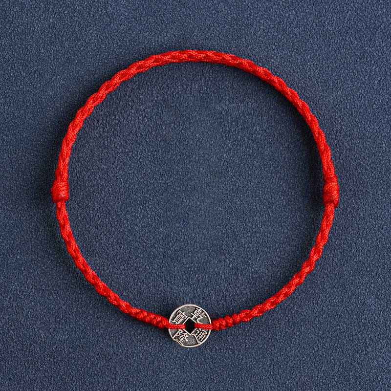 Buddha Stones Argento Sterling 925 Cinque monete dell'Imperatore Corda Rossa Protezione Fortuna Braccialetto Intrecciato Cavigliera