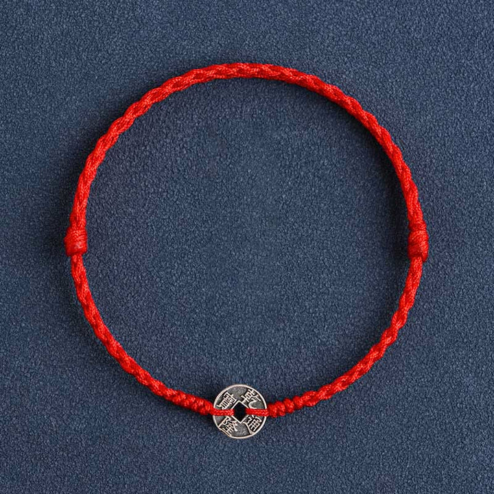 Buddha Stones Argento Sterling 925 Cinque monete dell'Imperatore Corda Rossa Protezione Fortuna Braccialetto Intrecciato Cavigliera