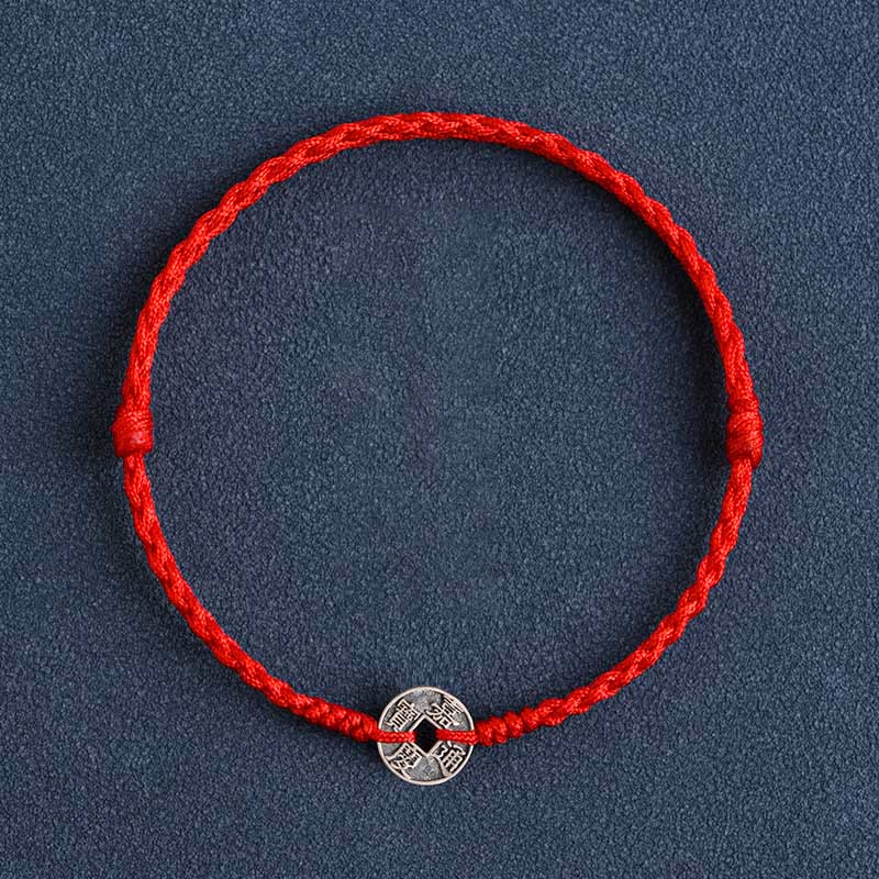 Buddha Stones Argento Sterling 925 Cinque monete dell'Imperatore Corda Rossa Protezione Fortuna Braccialetto Intrecciato Cavigliera