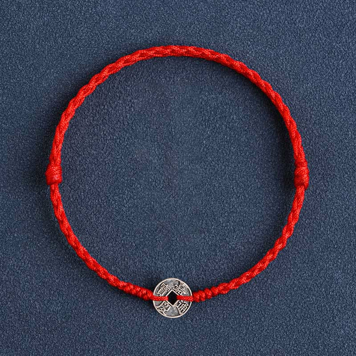 Buddha Stones Argento Sterling 925 Cinque monete dell'Imperatore Corda Rossa Protezione Fortuna Braccialetto Intrecciato Cavigliera
