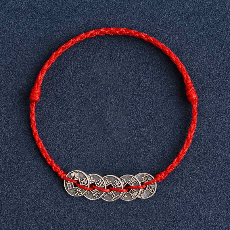 Buddha Stones Argento Sterling 925 Cinque monete dell'Imperatore Corda Rossa Protezione Fortuna Braccialetto Intrecciato Cavigliera
