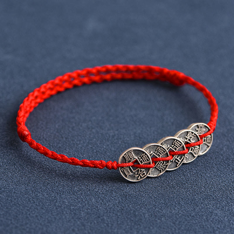 Buddha Stones Argento Sterling 925 Cinque monete dell'Imperatore Corda Rossa Protezione Fortuna Braccialetto Intrecciato Cavigliera