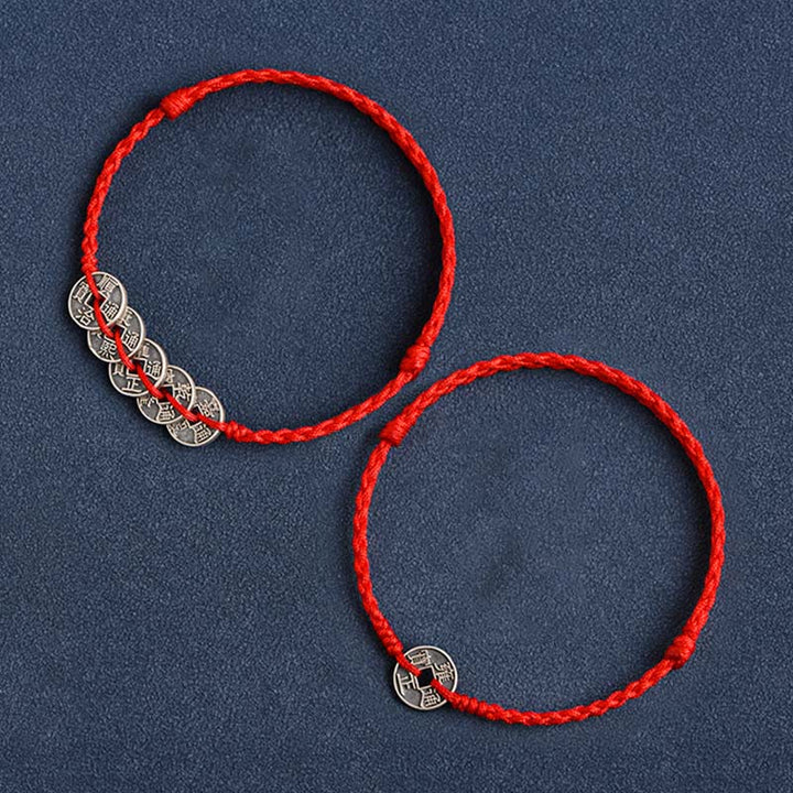 Buddha Stones Argento Sterling 925 Cinque monete dell'Imperatore Corda Rossa Protezione Fortuna Braccialetto Intrecciato Cavigliera