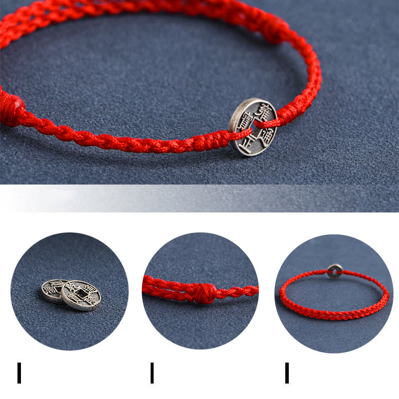 Buddha Stones Argento Sterling 925 Cinque monete dell'Imperatore Corda Rossa Protezione Fortuna Braccialetto Intrecciato Cavigliera