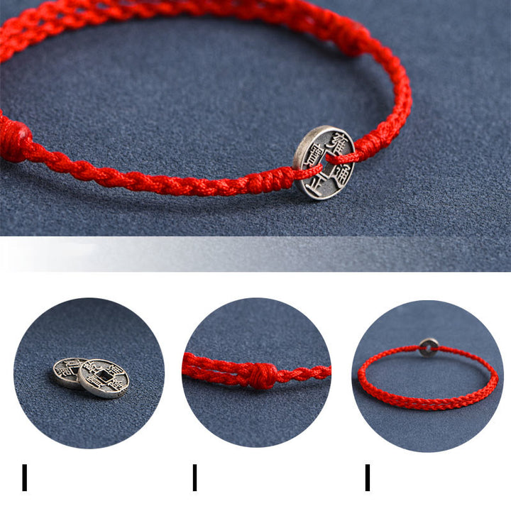 Buddha Stones Argento Sterling 925 Cinque monete dell'Imperatore Corda Rossa Protezione Fortuna Braccialetto Intrecciato Cavigliera