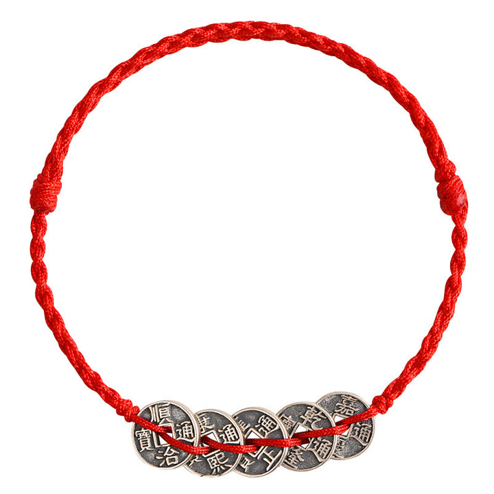 Buddha Stones Argento Sterling 925 Cinque monete dell'Imperatore Corda Rossa Protezione Fortuna Braccialetto Intrecciato Cavigliera