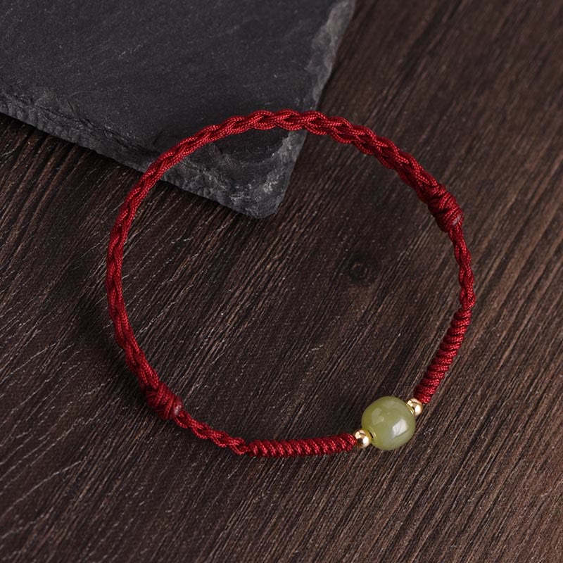 Buddha Stones Giada naturale Hetian Perline d'oro 999 Protezione Fortuna Bracciale intrecciato Cavigliera - corda rosso scuro - Perle di giada Hetian in oro 14 carati - Cavigliera (circonferenza 17-30 cm) - image 1