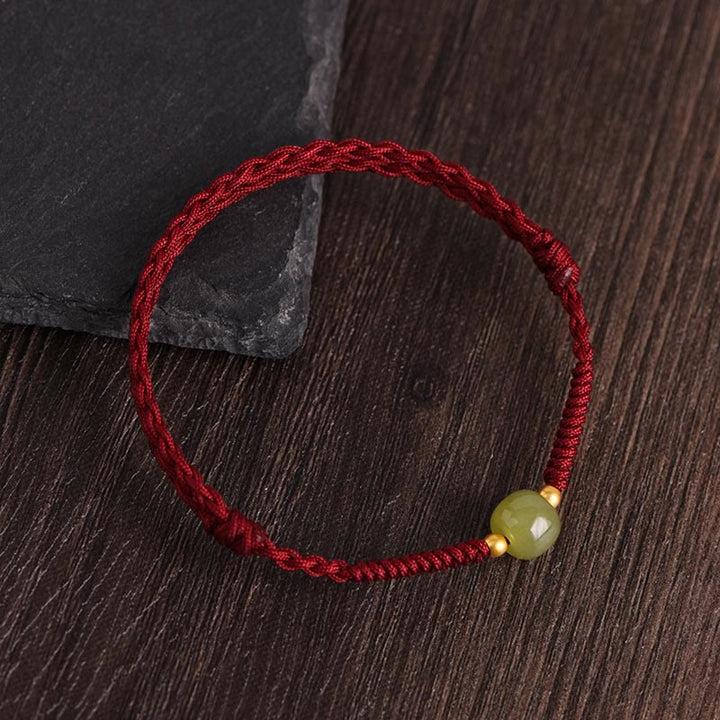 Buddha Stones Giada naturale Hetian Perline d'oro 999 Protezione Fortuna Bracciale intrecciato Cavigliera - Corda rosso scuro - Perle di giada Hetian 999 oro - Cavigliera (circonferenza 17-30 cm) - image 2