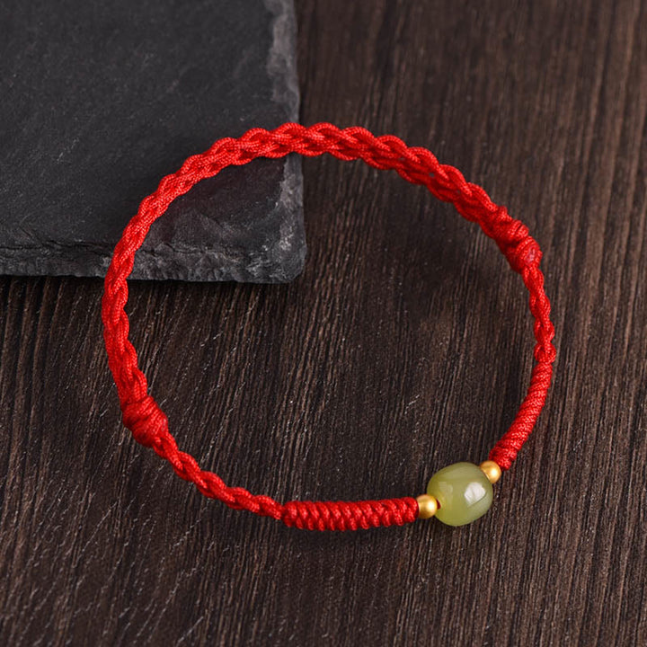 Buddha Stones Giada naturale Hetian Perline d'oro 999 Protezione Fortuna Bracciale intrecciato Cavigliera - Corda rossa - Perle di giada Hetian 999 oro - Cavigliera (circonferenza 17-30 cm) - image 11