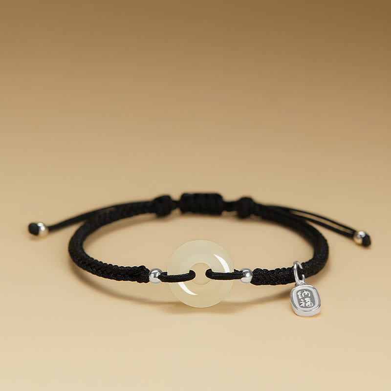 Buddha Stones Braccialetto intrecciato con fibbia della pace in giada naturale Hetian Fu Character Protezione Fortuna