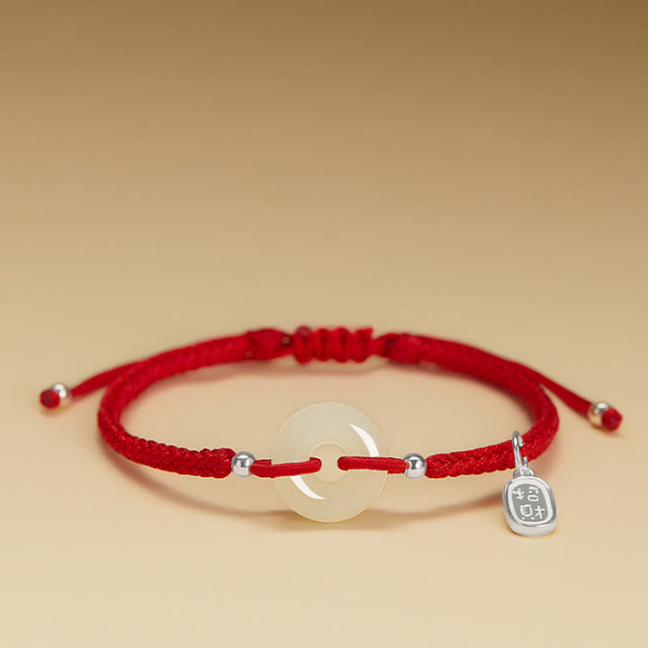 Buddha Stones Braccialetto intrecciato con fibbia della pace in giada naturale Hetian Fu Character Protezione Fortuna
