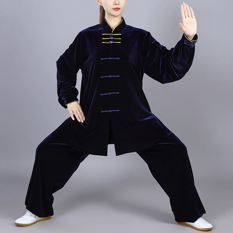 Buddha Stones 2 pezzi autunno inverno Tai Chi Qigong pratica unisex rana-bottoni meditazione velluto abbigliamento set - Blu notte - 3XL- ADATTO PER USA/UK/AU/UE - XL - image 0