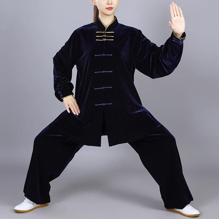 Buddha Stones 2 pezzi autunno inverno Tai Chi Qigong pratica unisex rana-bottoni meditazione velluto abbigliamento set - Blu notte - 3XL- ADATTO PER USA/UK/AU/UE - XL - image 0
