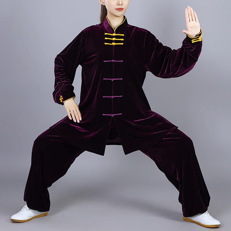 Buddha Stones 2 pezzi autunno inverno Tai Chi Qigong pratica unisex rana-bottoni meditazione velluto abbigliamento set - Magenta scuro - 3XL- ADATTO PER USA/UK/AU/UE - XL - image 14