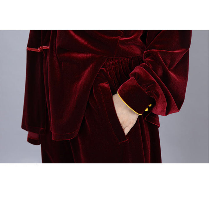 Buddha Stones 2 pezzi autunno inverno Tai Chi Qigong pratica unisex rana-bottoni meditazione velluto abbigliamento set - image 11