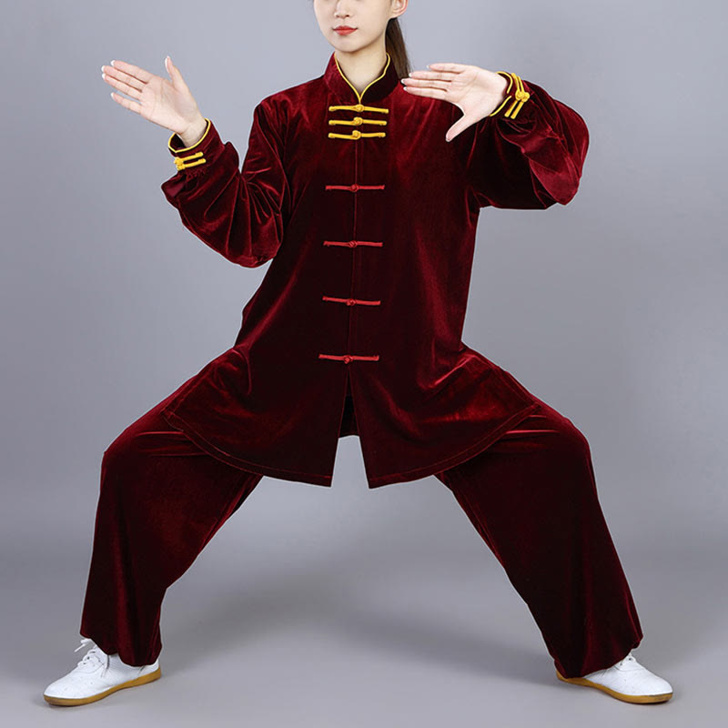 Buddha Stones 2 pezzi autunno inverno Tai Chi Qigong pratica unisex rana-bottoni meditazione velluto abbigliamento set - image 3