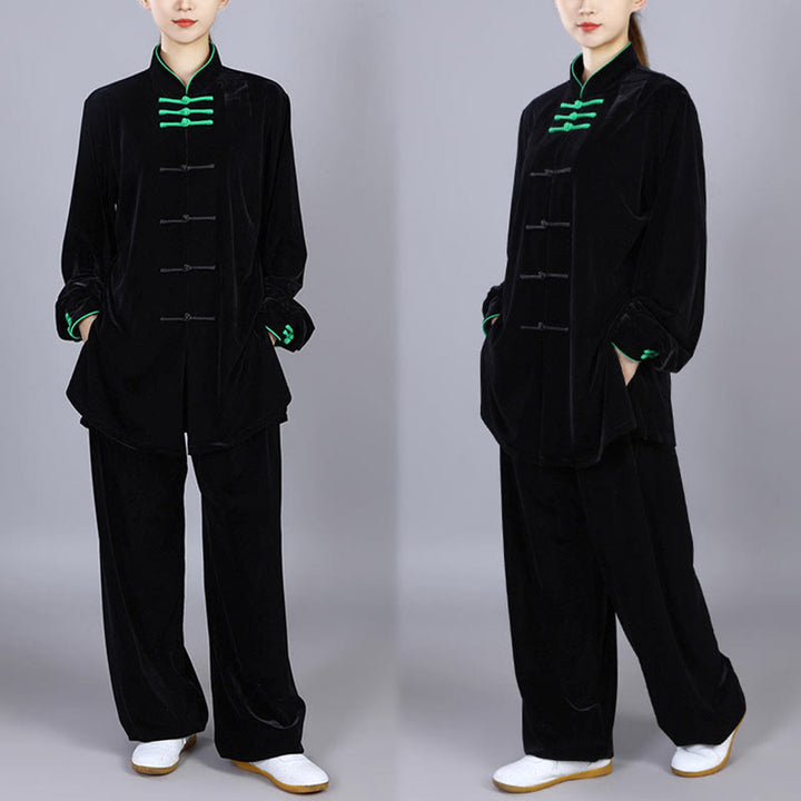 Buddha Stones 2 pezzi autunno inverno Tai Chi Qigong pratica unisex rana-bottoni meditazione velluto abbigliamento set - image 19