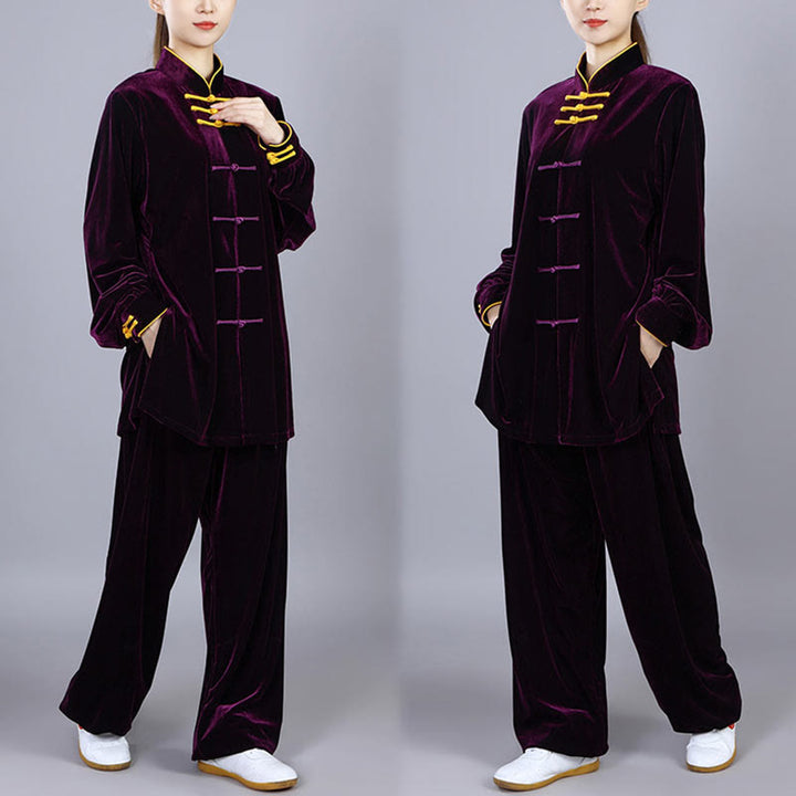 Buddha Stones 2 pezzi autunno inverno Tai Chi Qigong pratica unisex rana-bottoni meditazione velluto abbigliamento set - image 16