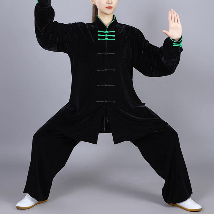 Buddha Stones 2 pezzi autunno inverno Tai Chi Qigong pratica unisex rana-bottoni meditazione velluto abbigliamento set - image 18