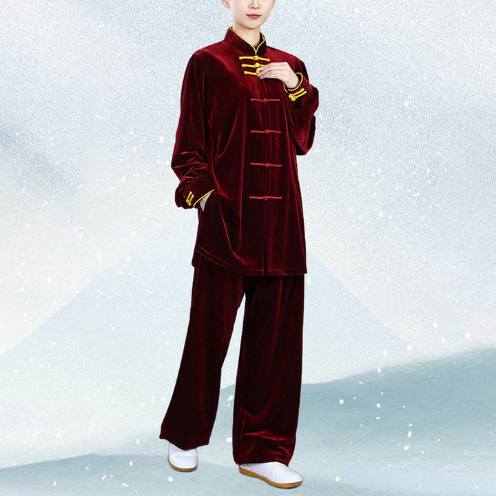 Buddha Stones 2 pezzi autunno inverno Tai Chi Qigong pratica unisex rana-bottoni meditazione velluto abbigliamento set - image 6