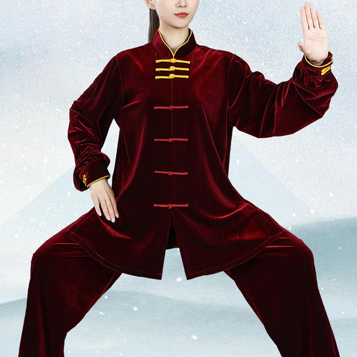 Buddha Stones 2 pezzi autunno inverno Tai Chi Qigong pratica unisex rana-bottoni meditazione velluto abbigliamento set - image 5