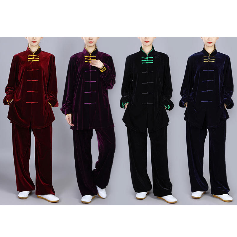 Buddha Stones 2 pezzi autunno inverno Tai Chi Qigong pratica unisex rana-bottoni meditazione velluto abbigliamento set - image 21