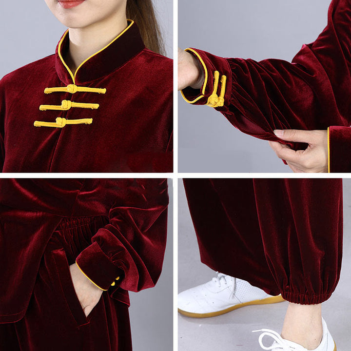 Buddha Stones 2 pezzi autunno inverno Tai Chi Qigong pratica unisex rana-bottoni meditazione velluto abbigliamento set - image 7