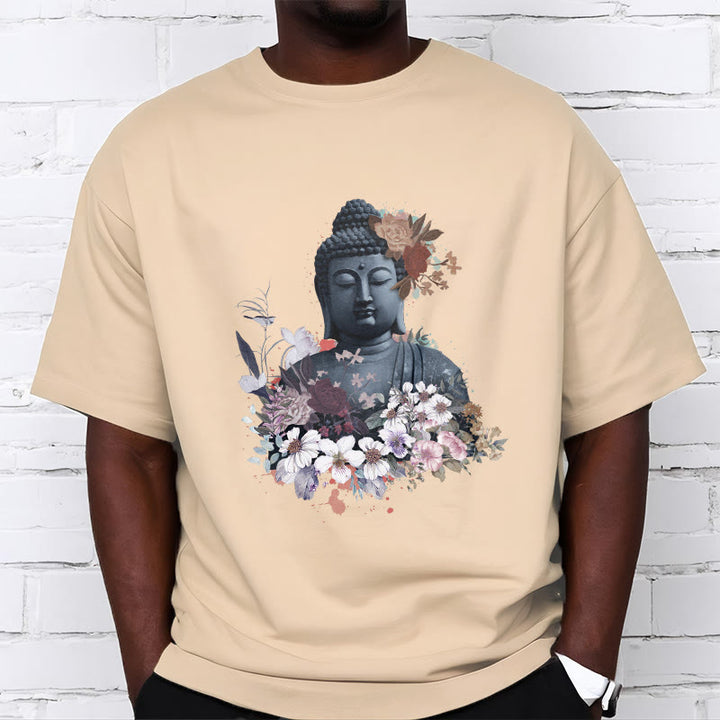Maglietta con motivo Buddha Stones fiori colorati che circondano Buddha - image 10