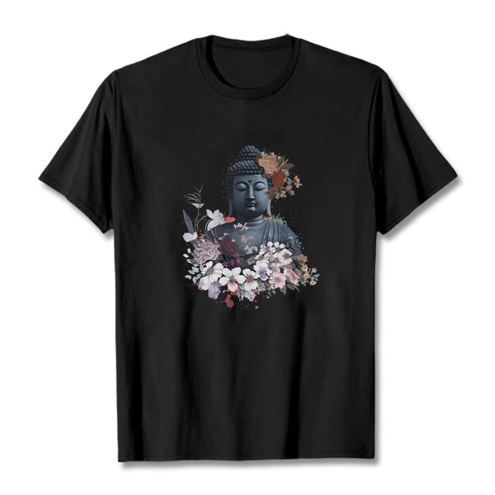 Maglietta con motivo Buddha Stones fiori colorati che circondano Buddha - Nero - 2XL - image 5