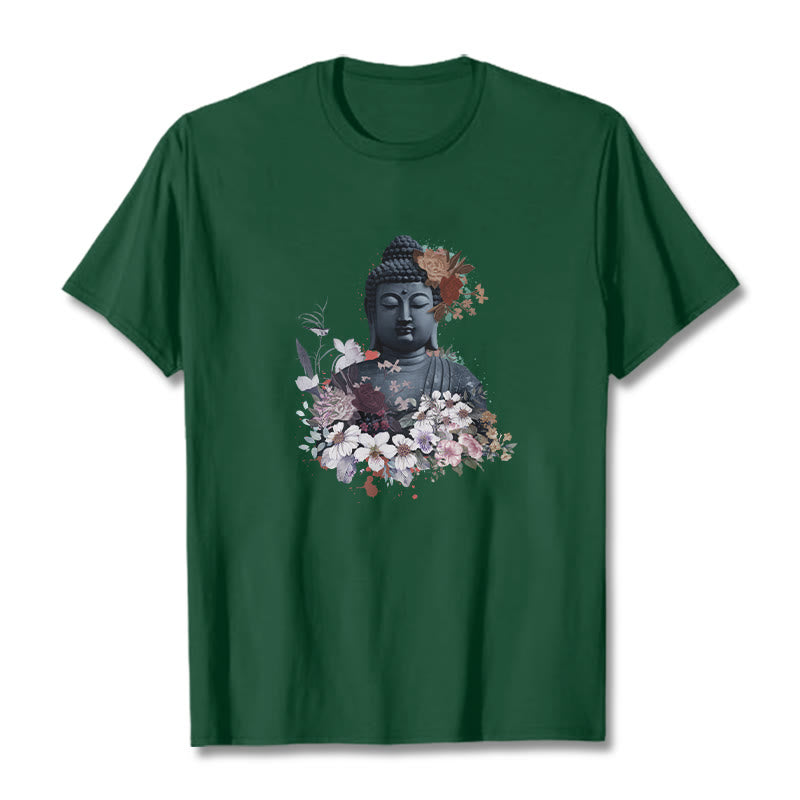 Maglietta con motivo Buddha Stones fiori colorati che circondano Buddha - Verde foresta - 2XL - image 11