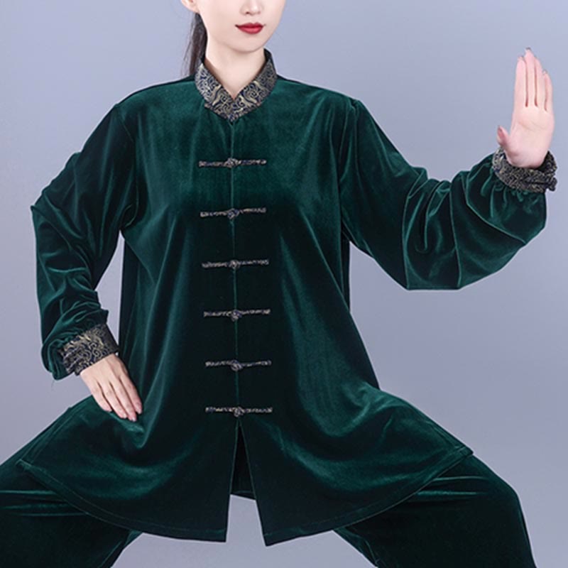 Buddha Stones 2 pezzi autunno inverno Tai Chi Qigong nuvole di buon auspicio colletto alto rana-bottoni unisex velluto meditazione abbigliamento set - image 16